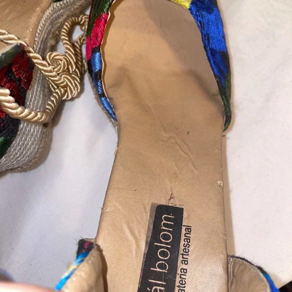 Ikal Bolom Floral Embroidered Espadrille Wedges Rope Lace Up Ankle Tie Multi 7